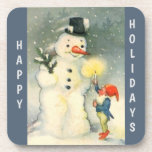Dessous-de-verre Retro Snowman and Elf Christmas<br><div class="desc">On this Holiday drink coaster,  one of Santa's elves holds a lighted candle up for a snowman to see in this delightful Victorian era art image. Very cute! Be sure to see the matching products in our store. Celebrate the Holidays the old fashioned way!</div>