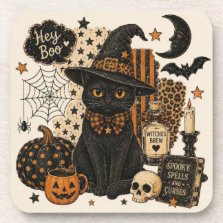 Dessous-de-verre Rétro Vintage Halloween Chapeau de Sorcière Chat N