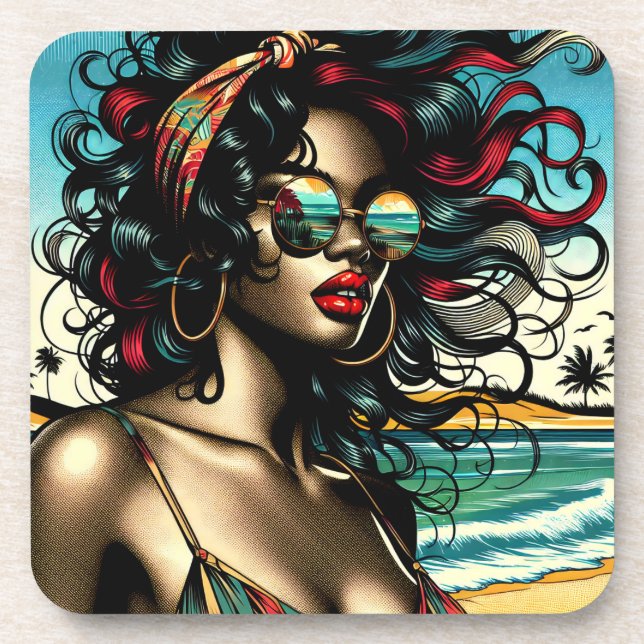 Dessous-de-verre Retro Woman on Beach Comédie Style Pop Art (Devant)