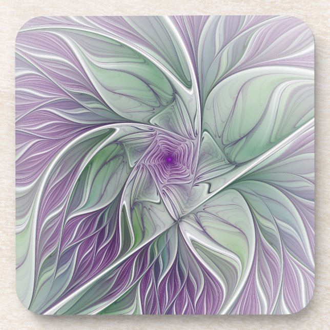 Dessous-de-verre Rêve de fleurs, Abstrait violet vert Fractal Art (Devant)