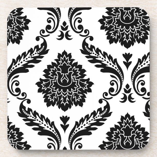 Dessous-de-verre Rococo Damassé Motif Décalé Noir sur Blanc (Devant)