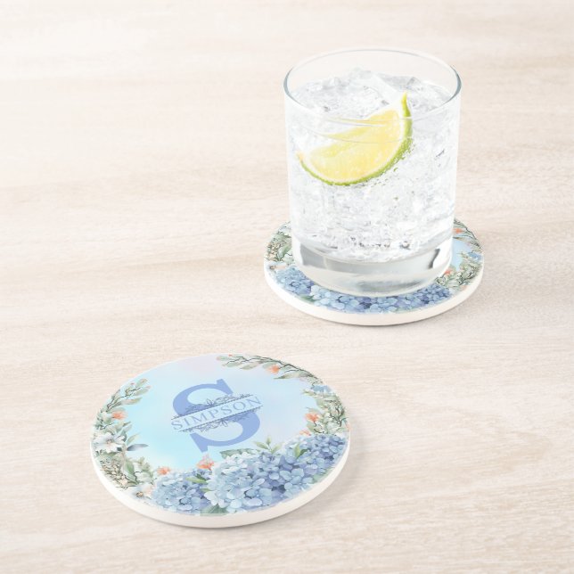 Dessous de verre rond Blue Hydrangea Monogram (Côté)