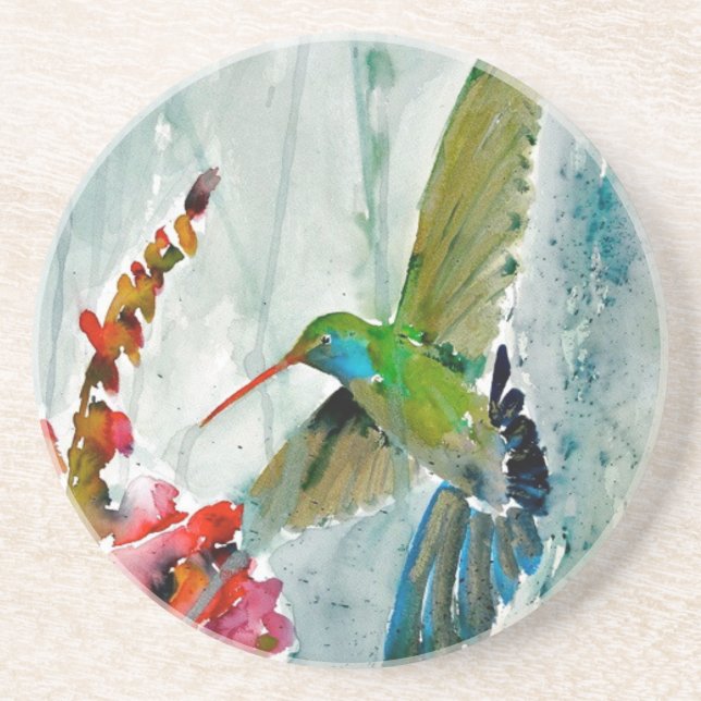 Dessous de verre rond de grès de colibri et de Sna (Devant)
