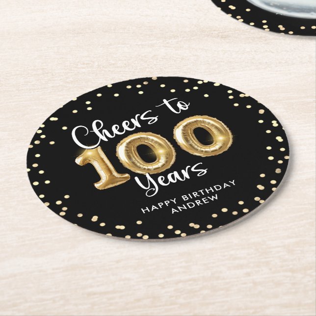 Dessous-de-verre Rond En Papier 100th Birthday Cheers to 100 Years Black Gold (Incliné)