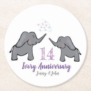 Dessous-de-verre Rond En Papier 14e anniversaire de mariage ivoire éléphant mignon