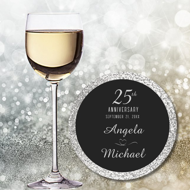Dessous-de-verre Rond En Papier 25th Anniversary Silver Sparkle Black Stylish Glam (Créateur téléchargé)