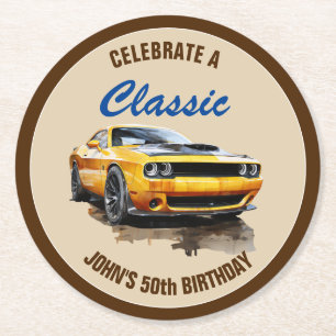 Dessous-de-verre Rond En Papier 50e Anniversaire Classic Yellow Muscle Car