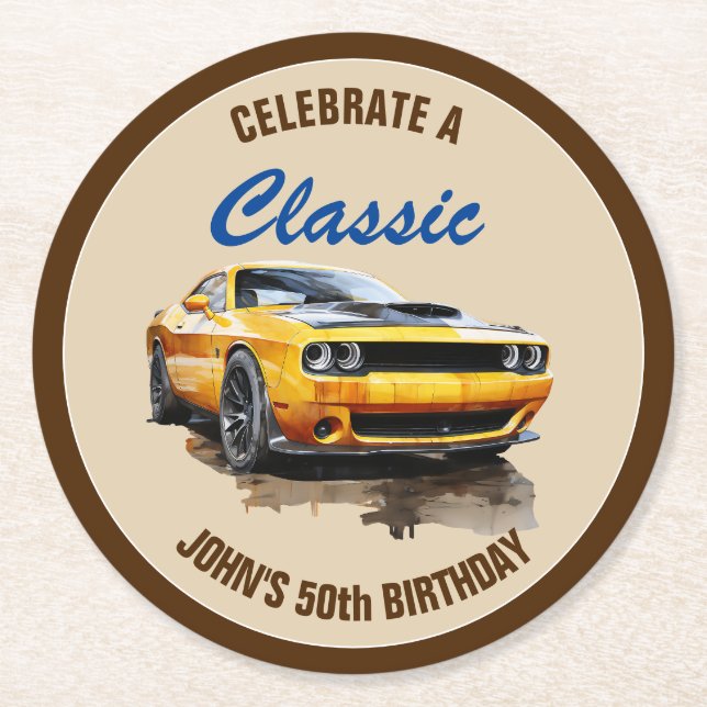 Dessous-de-verre Rond En Papier 50e Anniversaire Classic Yellow Muscle Car (Devant)