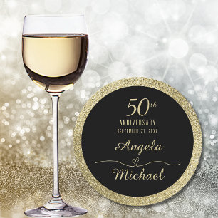 Dessous-de-verre Rond En Papier 50e Anniversaire Paillettes Dorées Noir Élégant Gl