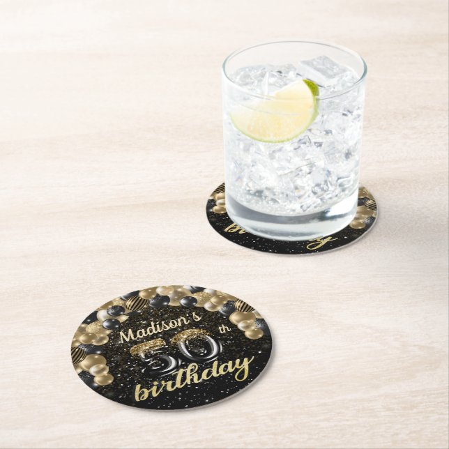 Dessous-de-verre Rond En Papier 50e anniversaire personnalisé Black Gold Round (En situation)
