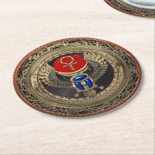 Dessous-de-verre Rond En Papier [600] Scarab en or sacré égyptien ailé avec Ankh