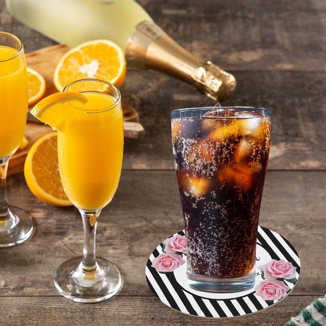 Dessous-de-verre Rond En Papier 60e anniversaire noir blanc rayures rose floral (Créateur téléchargé)