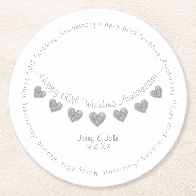 Dessous-de-verre Rond En Papier 60e Mariage Diamond Anniversaire battement cardiaq (Devant)