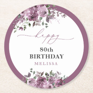 Dessous-de-verre Rond En Papier 80e anniversaire Elégant Roses violets