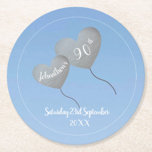 Dessous-de-verre Rond En Papier 90e anniversaire bleu ciel & argent ballon
