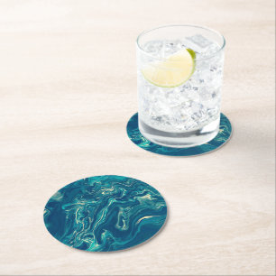 Dessous-de-verre Rond En Papier Abréviation acrylique bleue et Marbre blanc