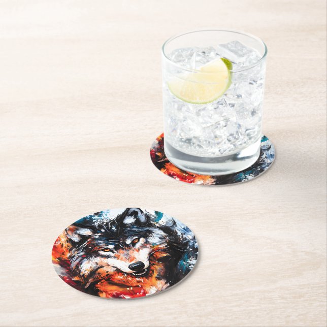 Dessous-de-verre Rond En Papier Abstract Wild Spirit Wolf (En situation)