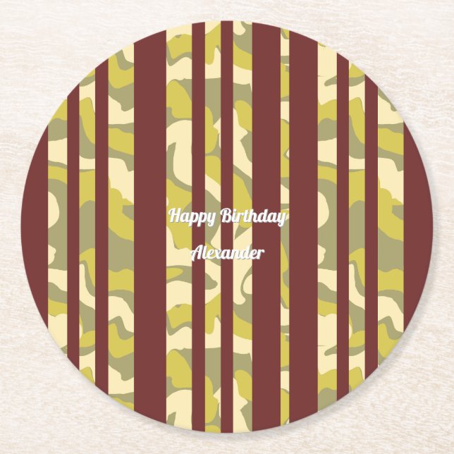 Dessous-de-verre Rond En Papier Adult Any Age Happy Birthday Camo Stripes Pattern (Devant)