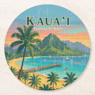 Dessous-de-verre Rond En Papier Affiches de voyage hawaïennes vintage - Kauai