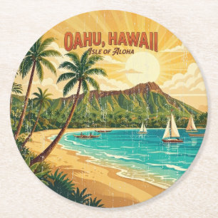 Dessous-de-verre Rond En Papier Affiches de voyage hawaïennes vintage - Oahu