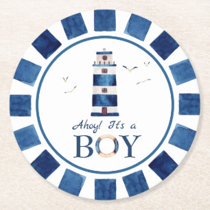 Dessous-de-verre Rond En Papier Ahoy nautique ! C'est un Baby shower de phare pour