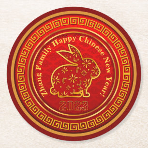 Dessous-de-verre Rond En Papier Ajouter le nom Nouvel An Chinois 2023 Lapin Rouge