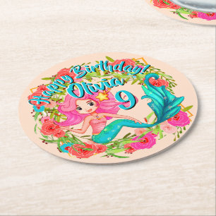 Dessous-de-verre Rond En Papier Ajouter un nom Age Rose Sirène Blue Tail Anniversa