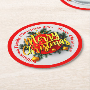 Dessous-de-verre Rond En Papier Ajouter votre nom de famille Année Noël Message Ro