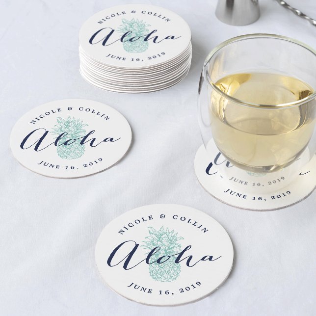 Dessous-de-verre Rond En Papier Aloha Aquarelle tropicale ananas (Créateur téléchargé)