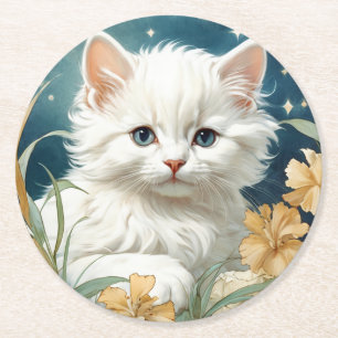 Dessous-de-verre Rond En Papier Alphonse Mucha Art Nouveau Kitten