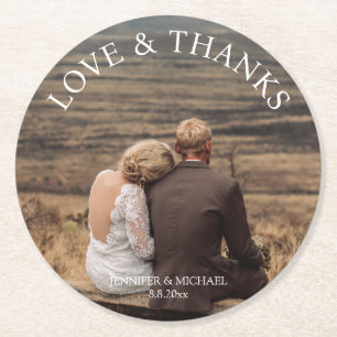 Dessous-de-verre Rond En Papier amour et merci, élégante typographie photo mariage