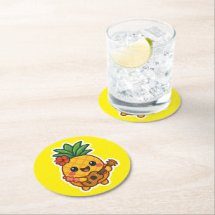 Dessous-de-verre Rond En Papier Ananas souriant Kawaii - Tropical