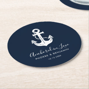 Dessous-de-verre Rond En Papier Ancre de mariage personnalisée Navy & Blanc Modern