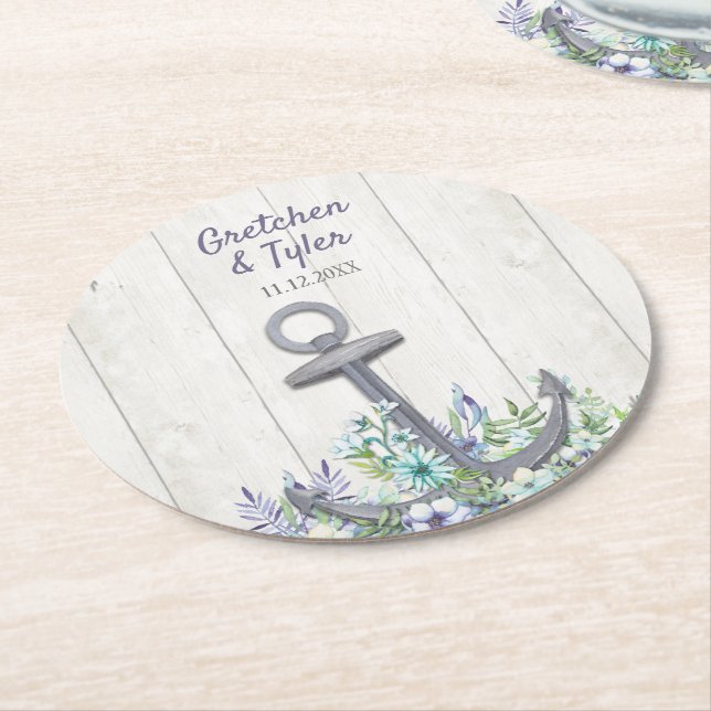 Dessous-de-verre Rond En Papier Ancre florale marine (Incliné)