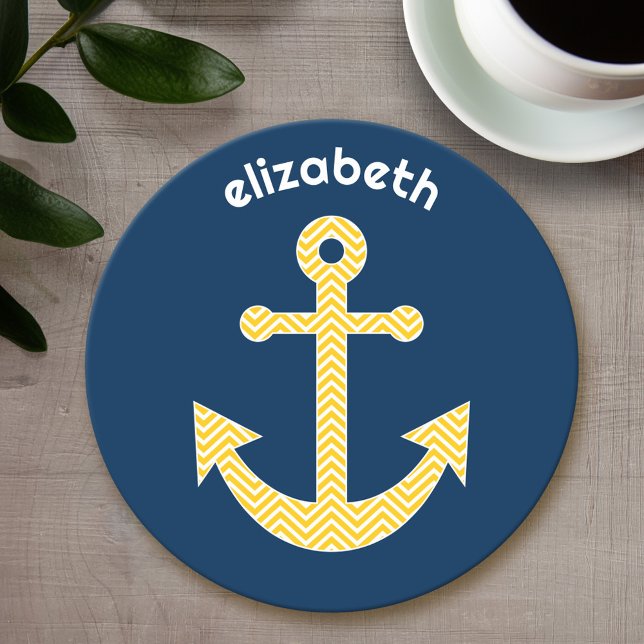 Dessous-de-verre Rond En Papier Ancre nautique avec Motif de Navy Jaune Chevron (Personalized coaster - nautical anchor)