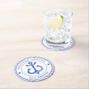 Dessous-de-verre Rond En Papier Ancre nautique et bleu marine Bleu rayé w. Nom du 