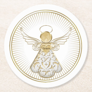 Dessous-de-verre Rond En Papier Ange de Noël de Filigree d'or de grâce