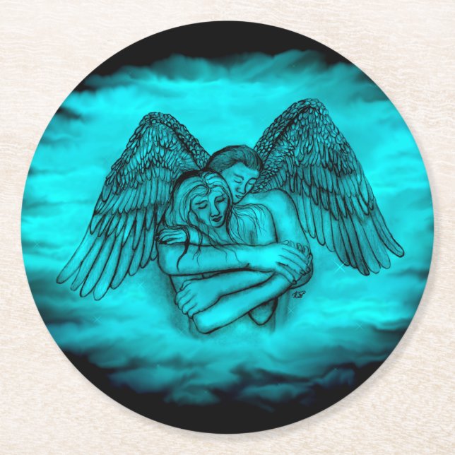 Dessous-de-verre Rond En Papier Angel Eros en amour, design noir et vert (Devant)