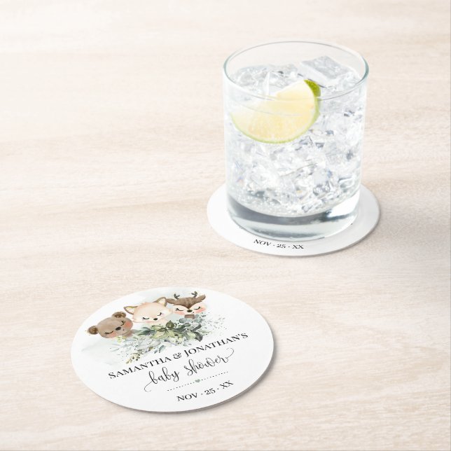 Dessous-de-verre Rond En Papier Animaux forestiers Bois Baby shower de verdure (En situation)
