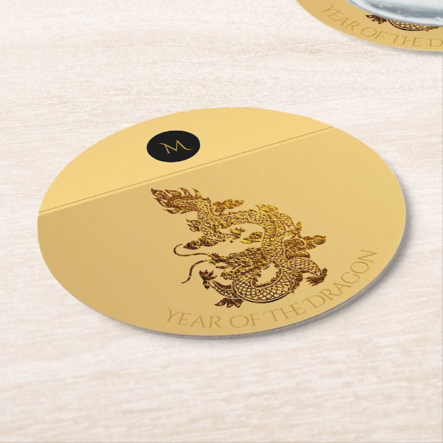 Dessous-de-verre Rond En Papier Année Dragon Chinoise 2024 Élégant Monogramme RPap (Incliné)