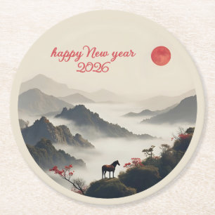 Dessous-de-verre Rond En Papier Année du Cheval 2026 Nouvel An Chinois Montagne
