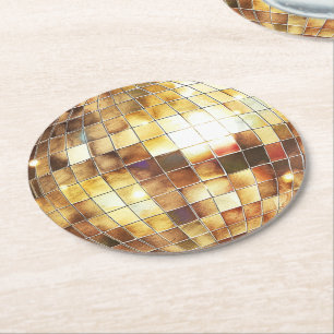 Dessous-de-verre Rond En Papier Anniversaire Boule à Facettes Glamour Or Noir