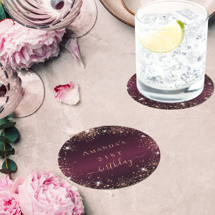 Dessous-de-verre Rond En Papier Anniversaire Bourgogne nom rose or élégant
