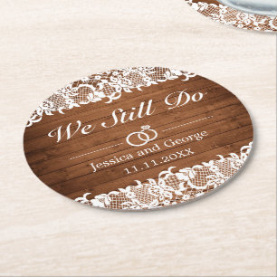 Dessous-de-verre Rond En Papier Anniversaire du Mariage de dentelle rustique et bo