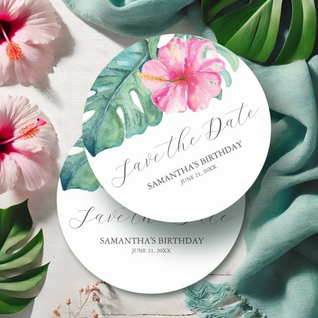 Dessous-de-verre Rond En Papier Anniversaire Enregistrer La Date Thème Tropical (Tropical Birthday decor watercolor flowers and palm leaves by Victoria Grigaliunas Do Tell A Belle)