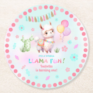 Dessous-de-verre Rond En Papier Anniversaire Fille Drôle Lama Coloré Cactus