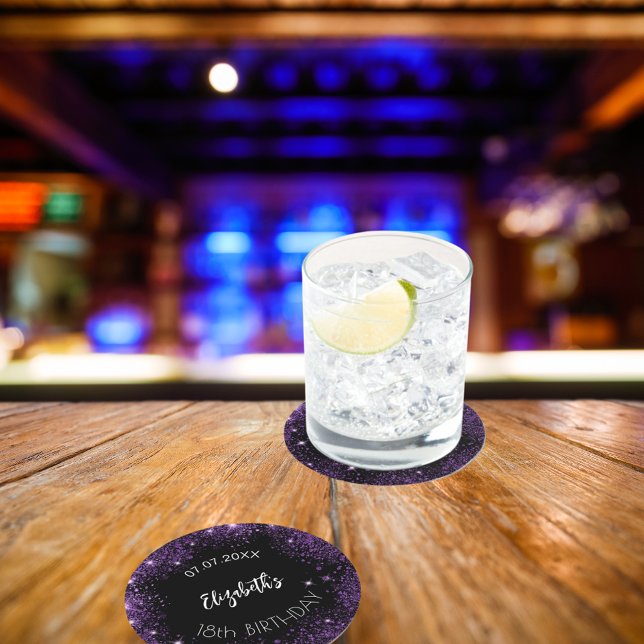 Dessous-de-verre Rond En Papier Anniversaire noir violet parties scintillant nom d (Créateur téléchargé)