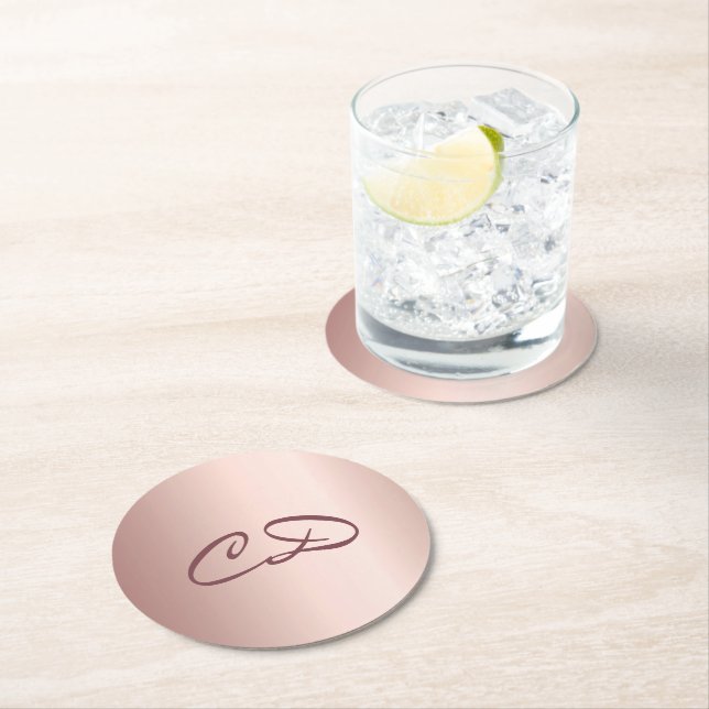 Dessous-de-verre Rond En Papier Anniversaire rose or monogramme initiales (En situation)
