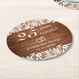 Dessous-de-verre Rond En Papier Anniversaire Rustique en bois et dentelle blanche