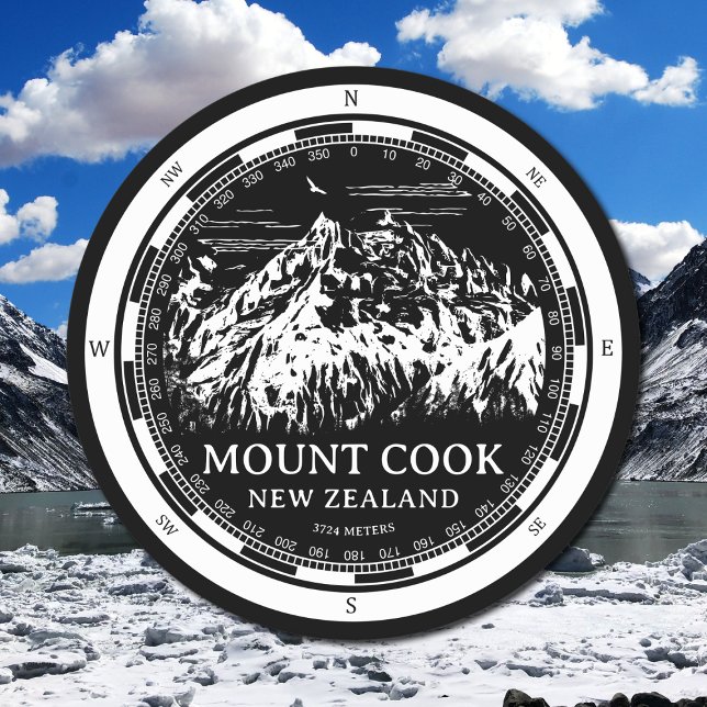 Dessous-de-verre Rond En Papier Aoraki Mount Cook - Canterbury Nouvelle-Zélande (Mount Cook New Zealand Coaster in Back with a white compass and mountain illustration)